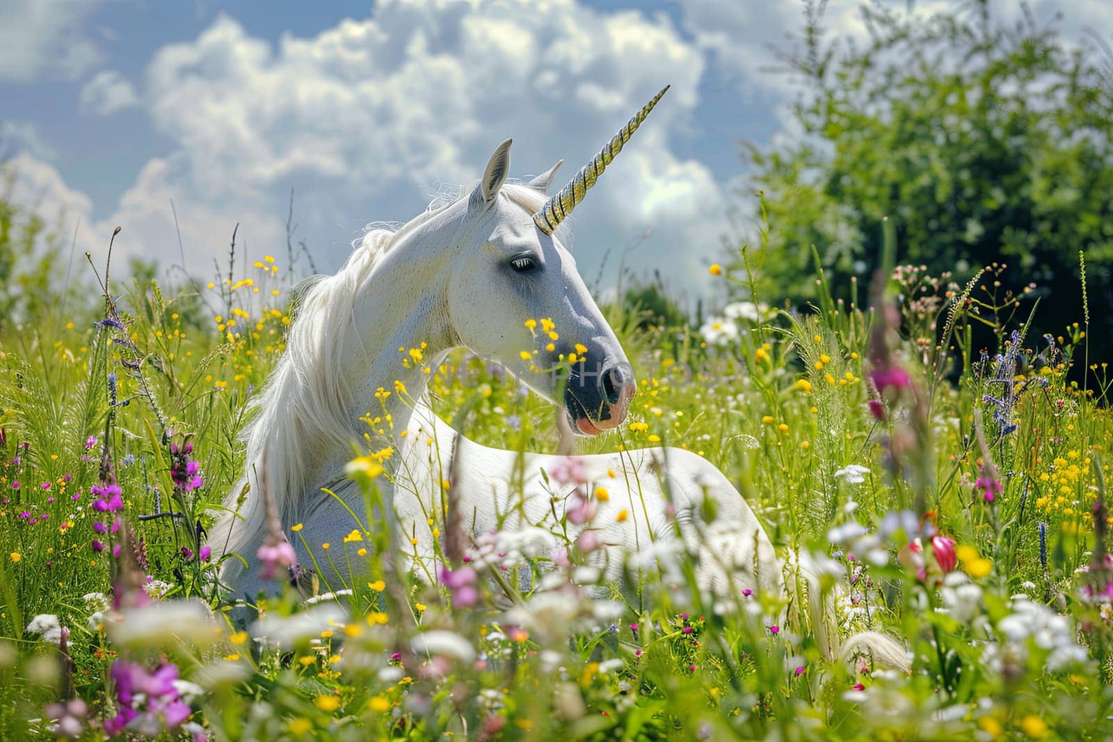 A white unicorn is laying gracefully in a field of colorful flowers. The unicorns coat glistens in the sunlight as it peacefully rests among the vibrant blooms.