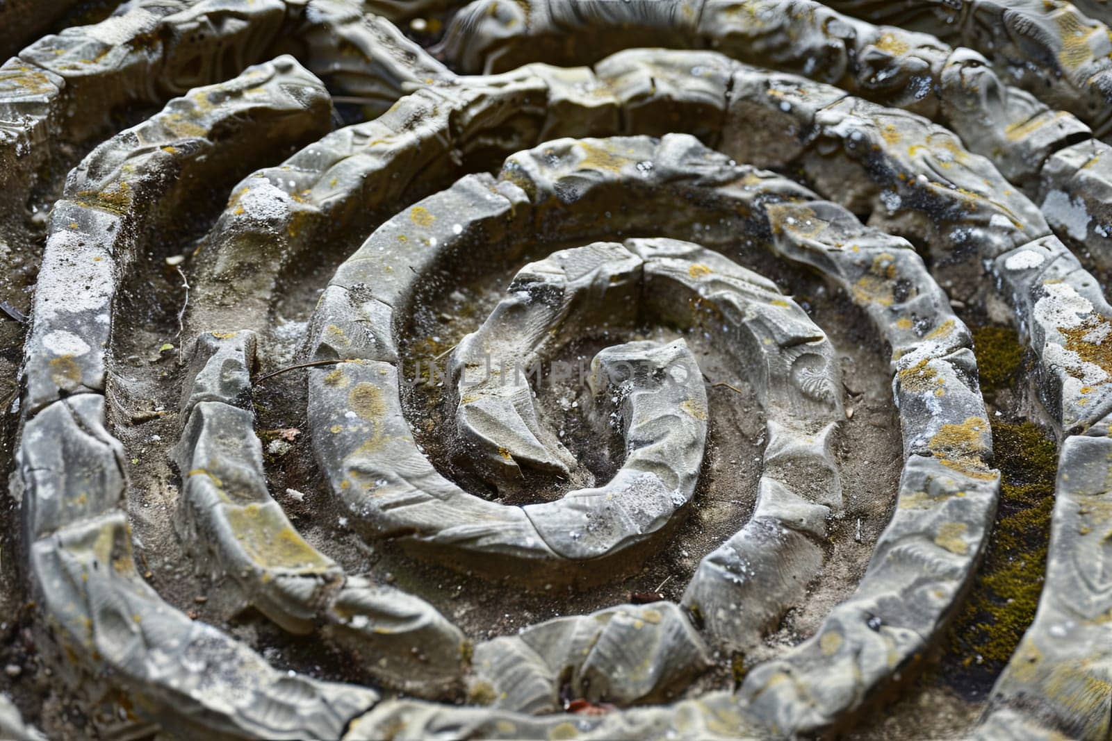 This close-up showcases a detailed spiral design meticulously crafted from small rocks, forming a mesmerizing pattern on the ground. Each rock is carefully placed to create a seamless and harmonious spiral shape that catches the eye.