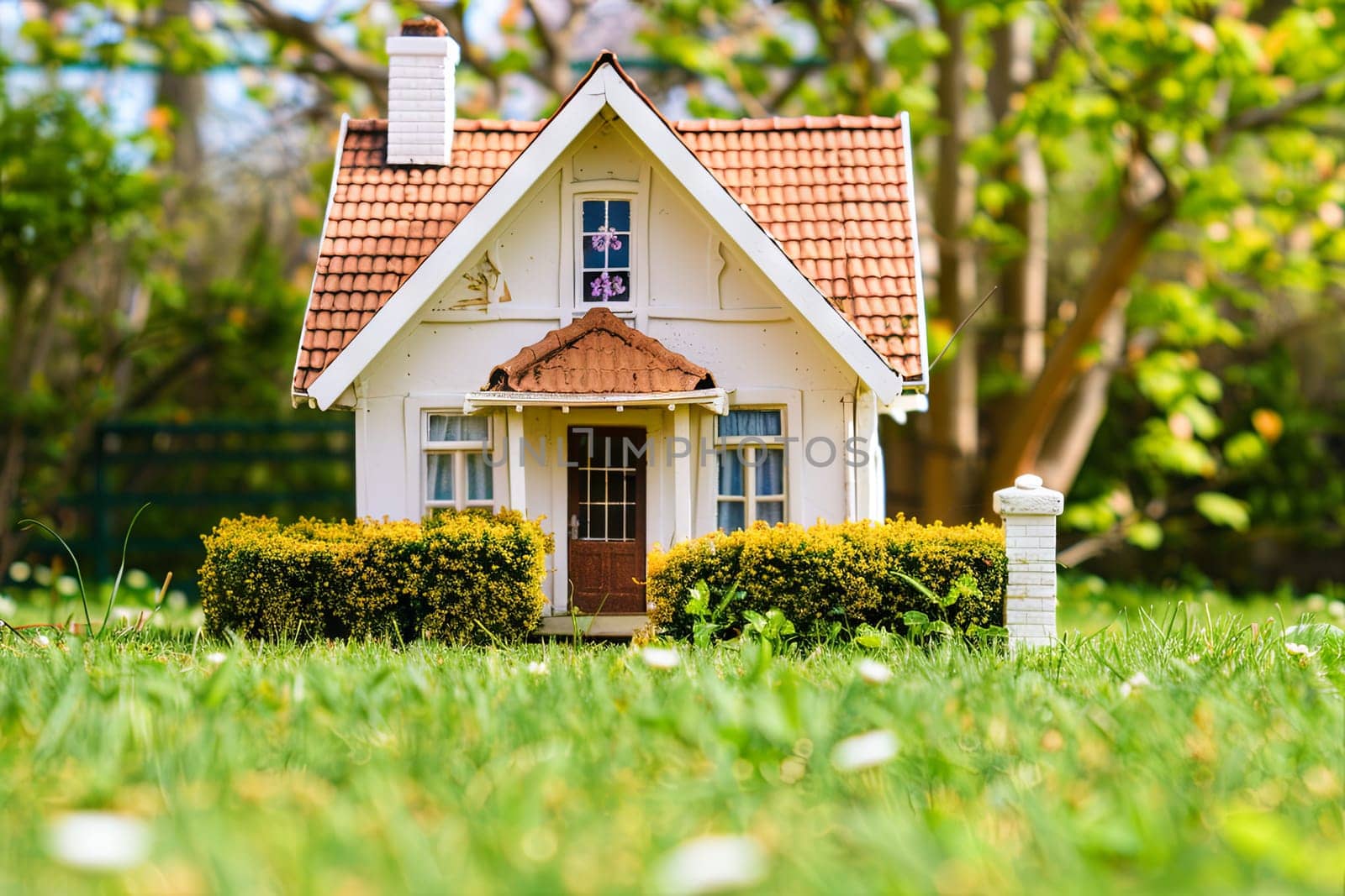 A small white house stands prominently on a vast expanse of lush green field under a clear blue sky. The house is surrounded by vibrant greenery, emphasizing its quaint charm against the natural backdrop.