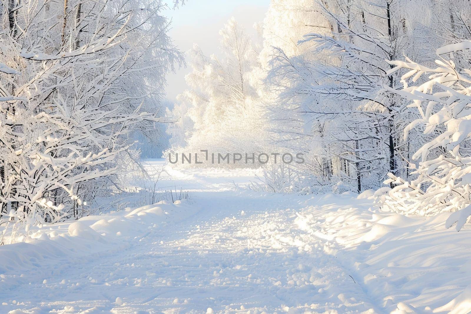 A snow-covered road cutting through a dense forest, surrounded by tall trees with branches coated in snow. The road appears untouched, with no tire marks, and the forest is still and silent.