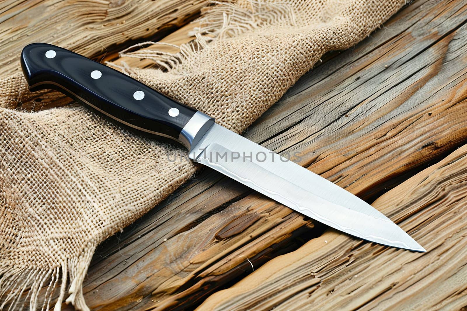 A large knife is placed on a wooden table in a straightforward and simple composition. The knifes sharp blade contrasts with the smooth surface of the table.