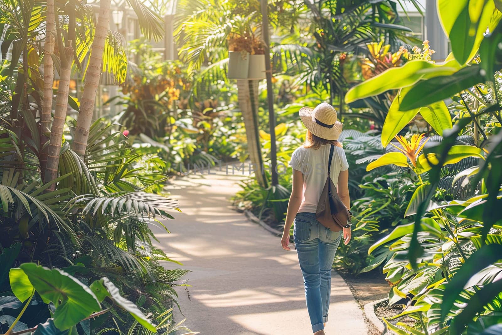 A woman is walking along a path that winds through a lush tropical garden. The vibrant greenery of the plants creates a colorful backdrop as the woman strolls through the serene environment.