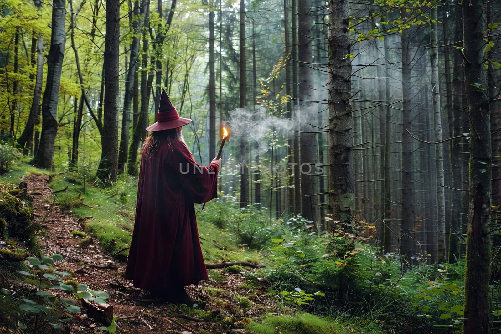 A wizard dressed in a red robe stands in a forest, holding a wand in his hand. The mystical figure appears to be casting a spell or performing magic in the natural surroundings.