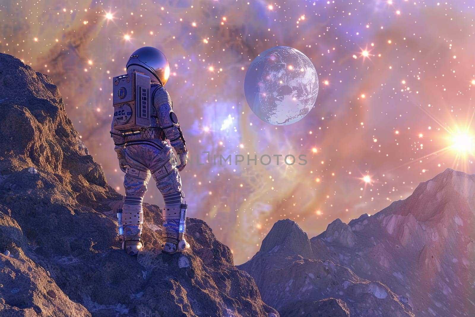 An astronaut, clad in a spacesuit, stands confidently on the summit of a towering mountain, overlooking a vast expanse of rugged terrain. The astronauts visor reflects the surrounding landscape as they survey the alien environment.