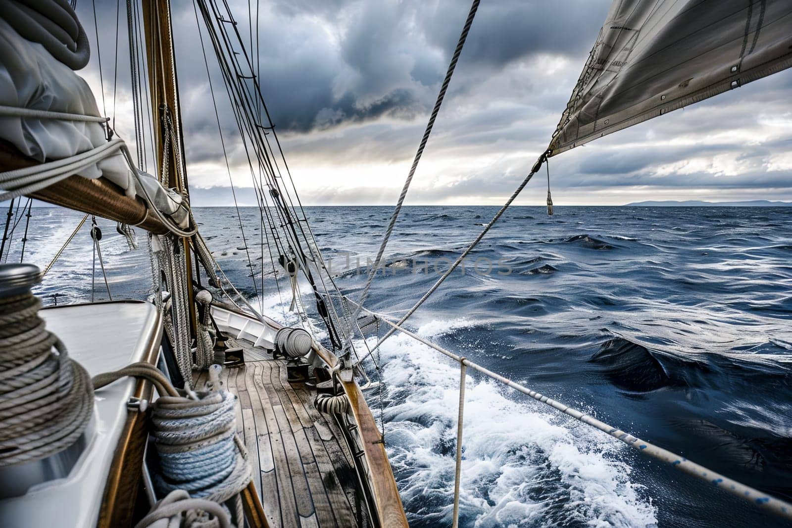 A boat sails on the water, propelled by wind, under a sky filled with heavy gray clouds. The boats sails are taut as it moves gracefully through the choppy water.