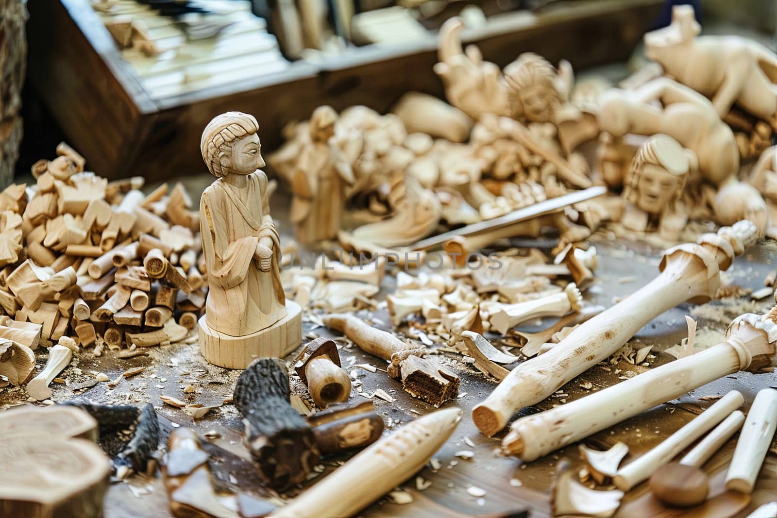 A wooden carving of a man stands prominently in the center, surrounded by a scattered pile of wood shavings on the floor. The carving shows intricate details of the mans features and clothing, while the shavings indicate recent work done on the piece.