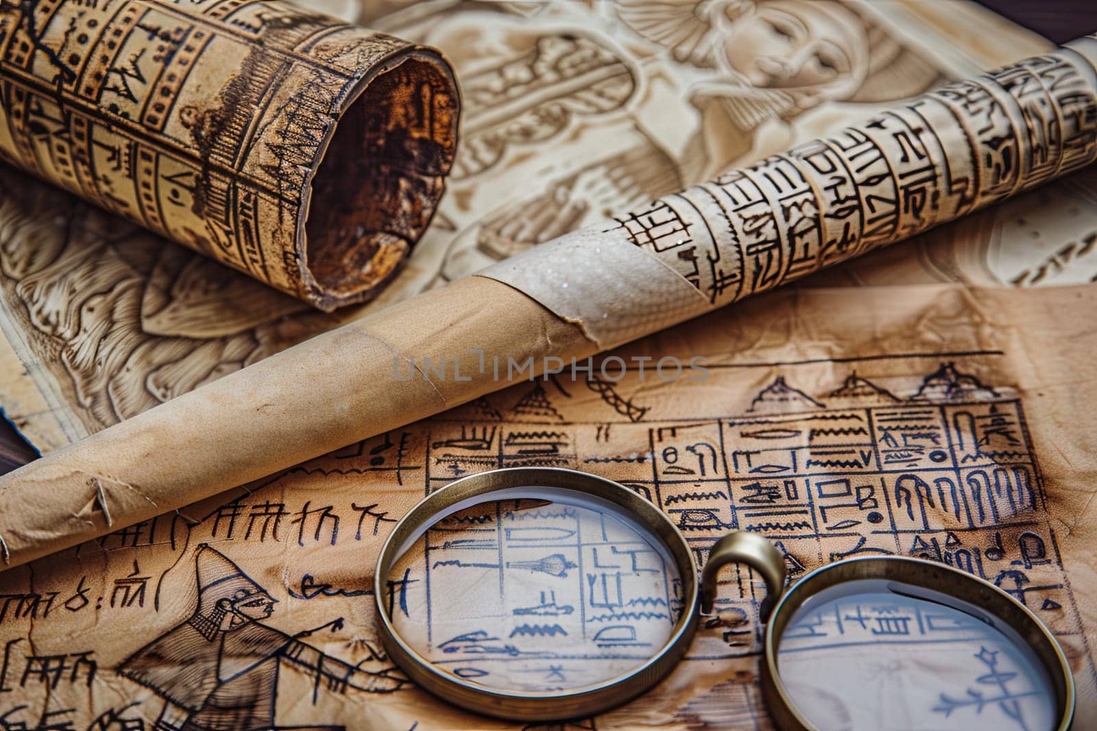 Two magnifying glasses are placed on a detailed map, showing intricate details of geographical locations. The lenses of the magnifying glasses reveal close-up views of specific areas on the map.