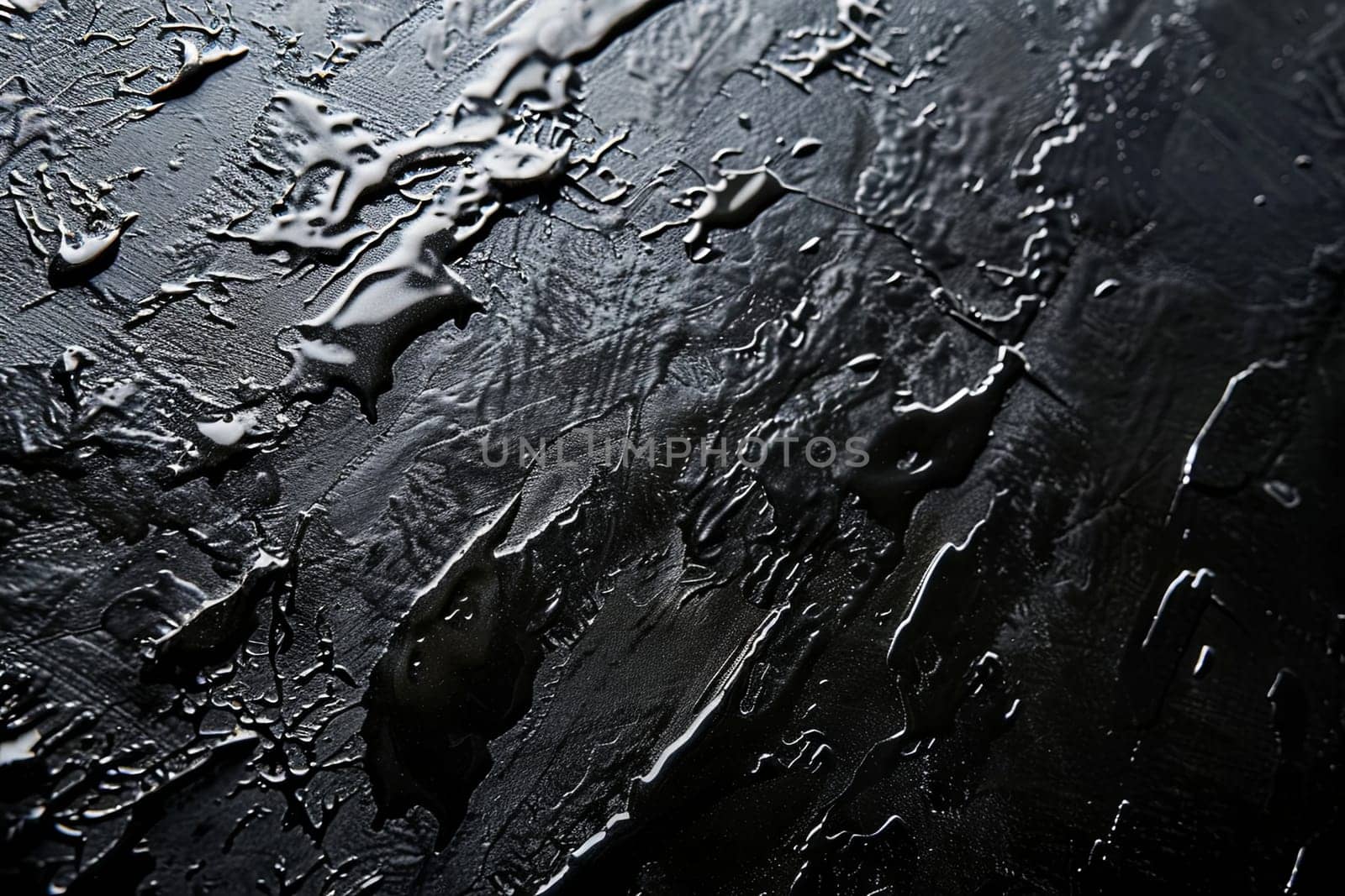 A close-up view of a black surface featuring numerous small drops of water scattered across it, creating a visually striking pattern.