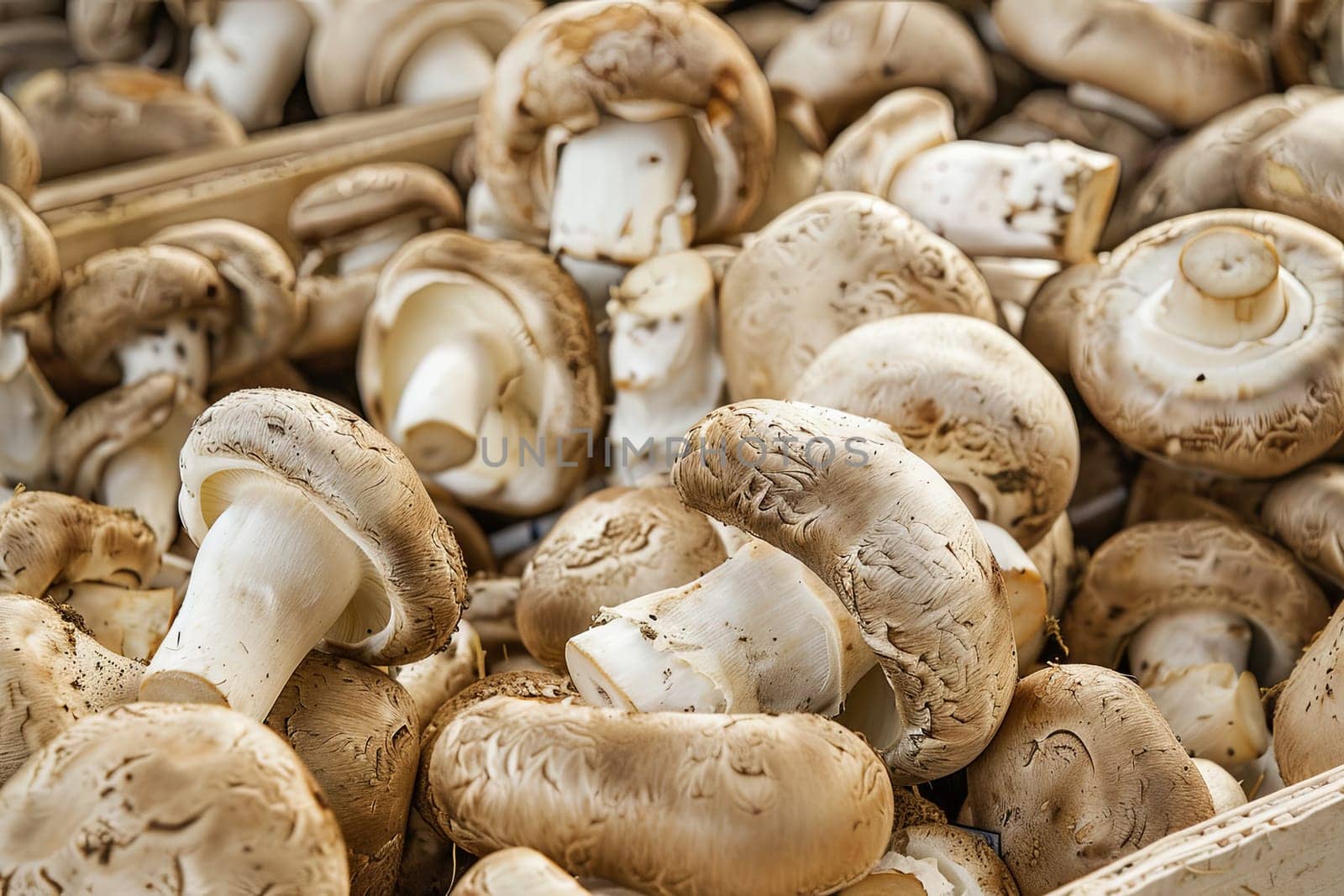A cluster of mushrooms tightly packed into a cardboard box, varying in size and shades of brown and white. The box is open, revealing the assortment of fungi neatly arranged inside.