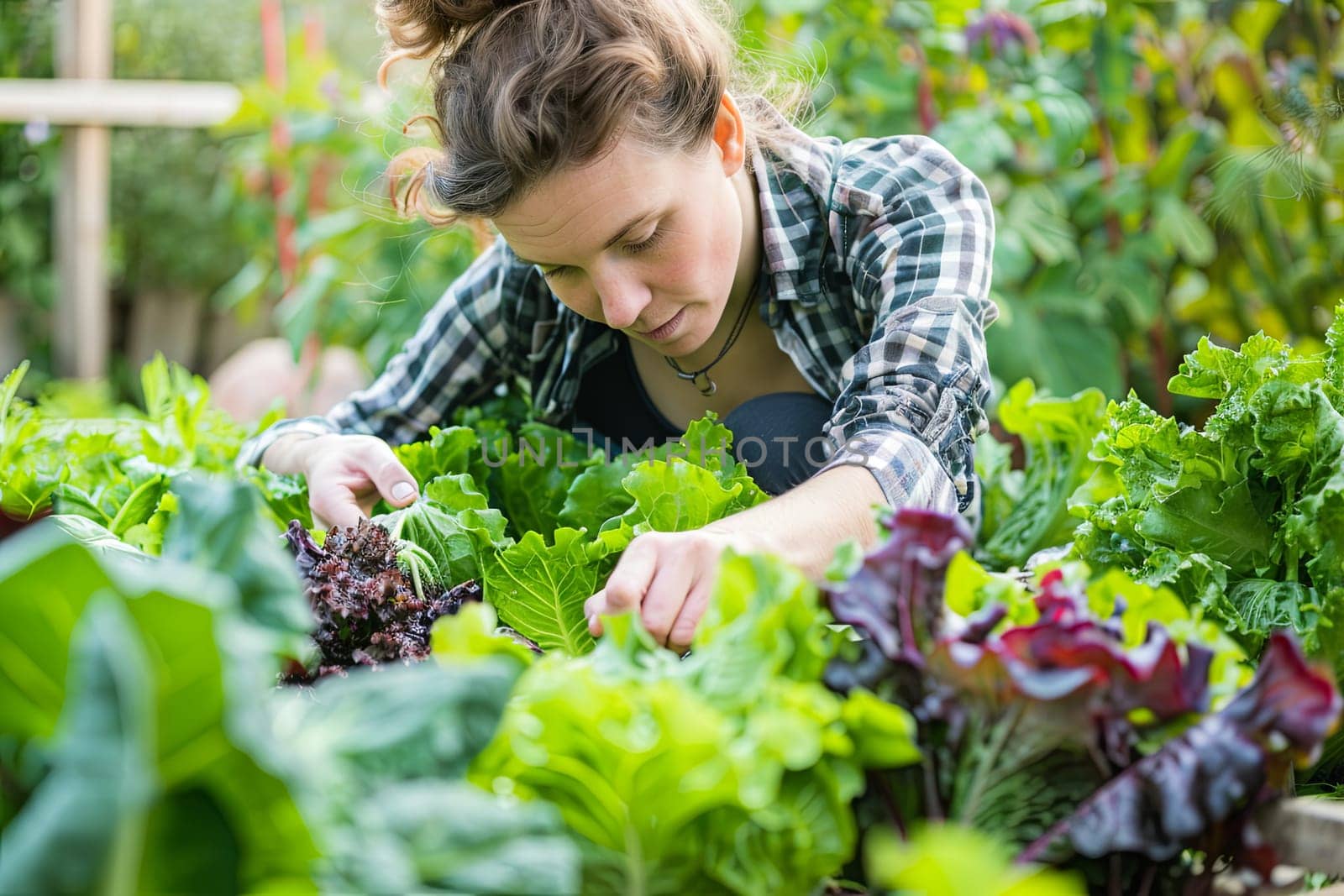 A woman actively tending to plants in a greenhouse, surrounded by various potted plants and gardening tools. She is carefully watering, pruning, and fertilizing the plants to ensure their healthy growth.