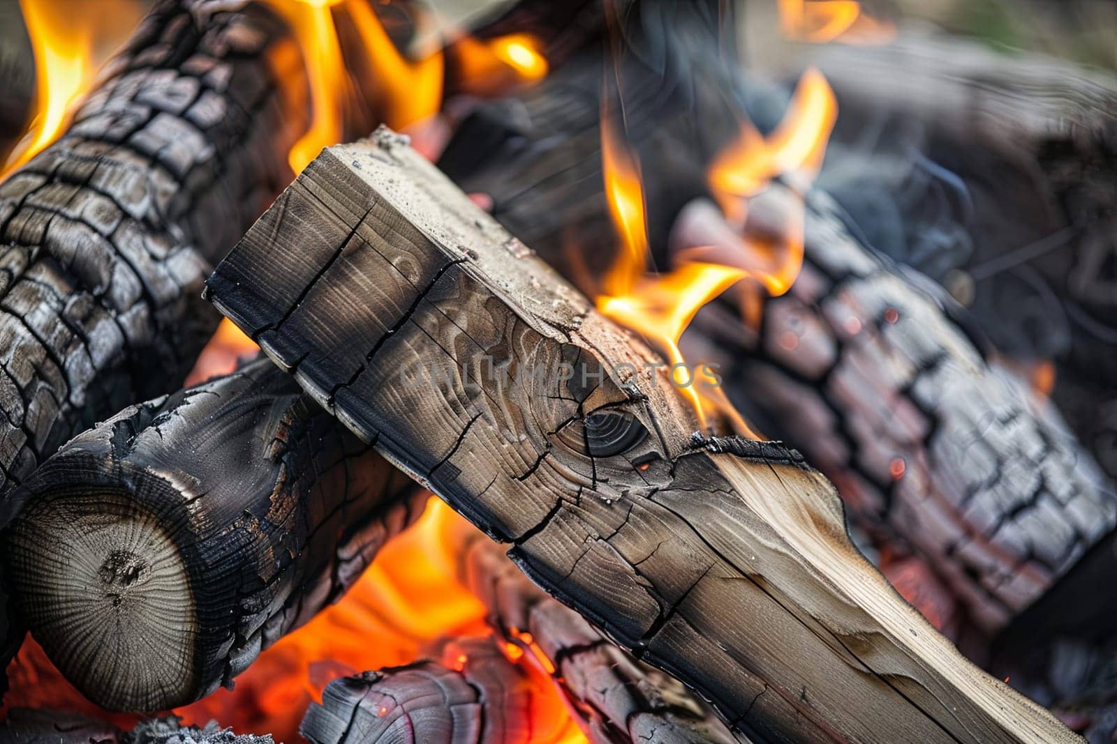 A detailed view of a fire burning brightly, surrounded by logs and flames. The flames dance and flicker as they consume the logs, creating a warm and intense glow. The crackling sound of the burning logs can almost be heard, adding to the dynamic nature of the scene.