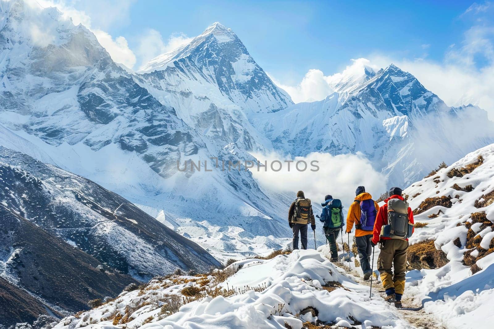 A group of hikers, wearing winter gear, steadily trekking up a steep snow-covered mountain trail. The snowy landscape is dotted with pine trees and the sky is gray with impending snowfall.