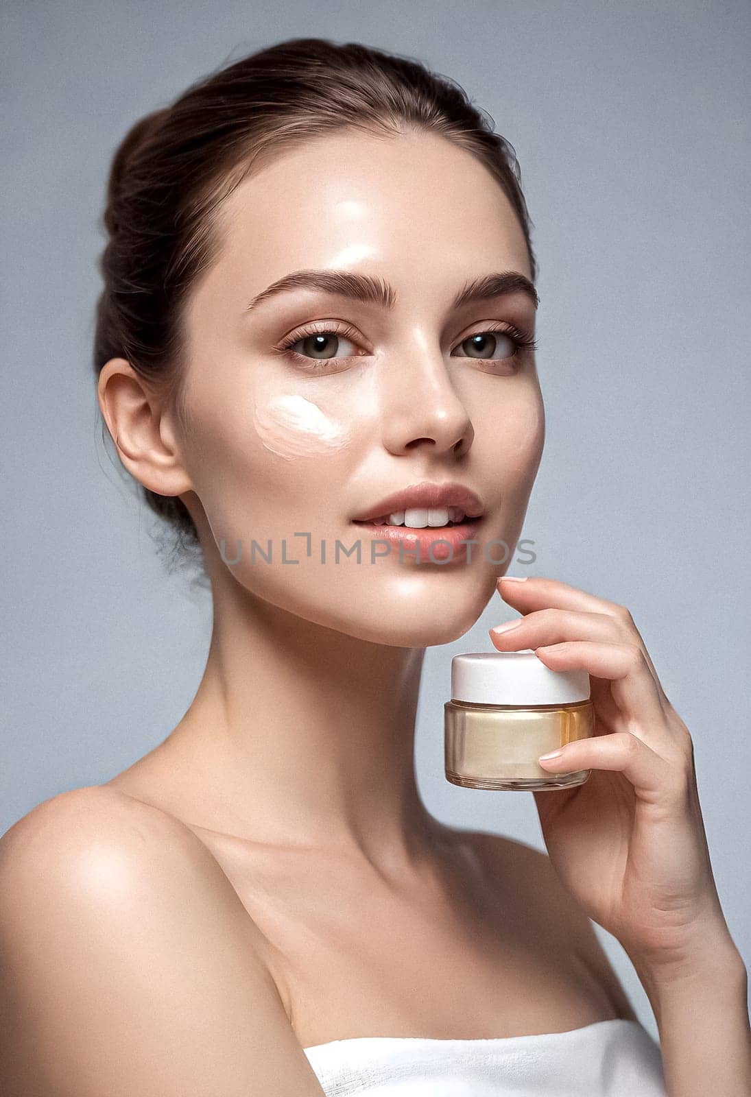AI generated portrait of woman on beauty pose present the product