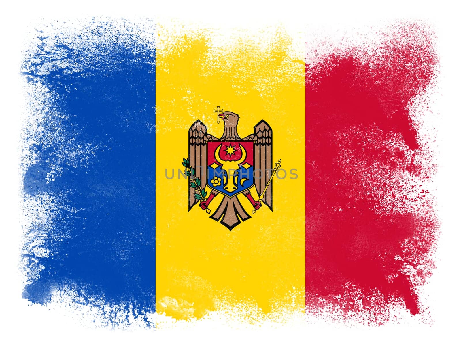 Republic of Moldova country Flag design composed of exploding powder and paint isolated on white background