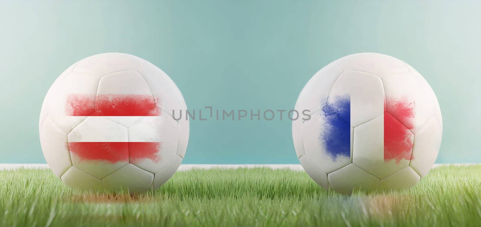 Austria vs France football match infographic template for Euro 2024 matchday scoreline announcement. Two soccer balls with country flags placed against each other on the green grass with copy space