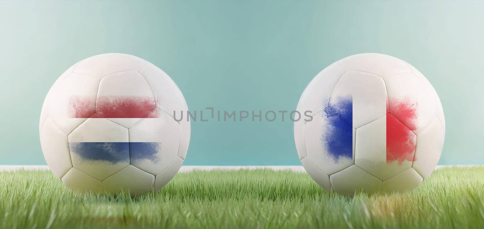 Netherlands vs France football match infographic template for Euro 2024 matchday scoreline announcement. Two soccer balls with country flags placed against each other on the green grass with copy space