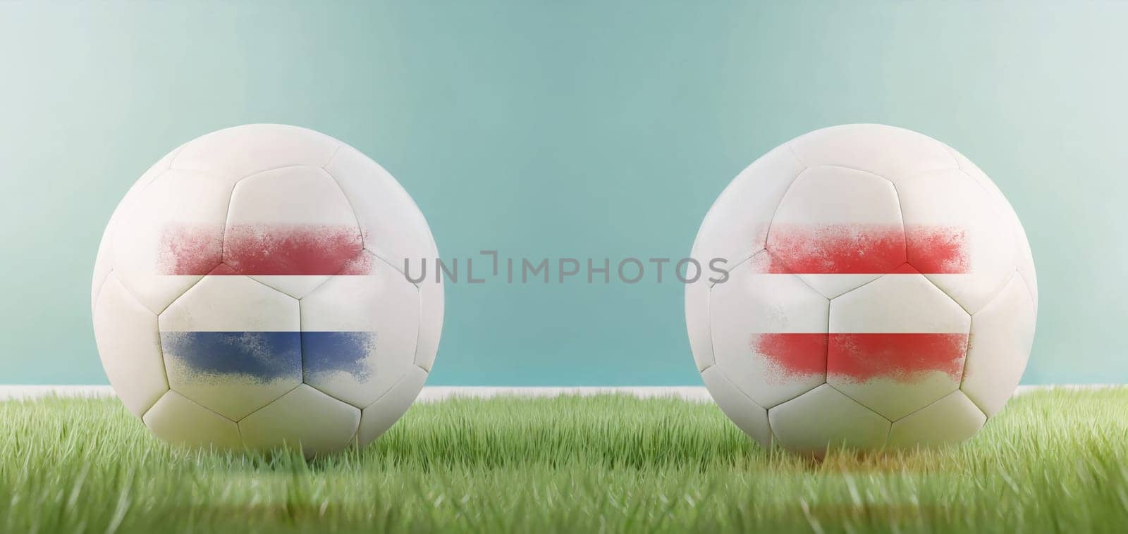 Netherlands vs Austria football match infographic template for Euro 2024 matchday scoreline announcement. Two soccer balls with country flags placed against each other on the green grass with copy space