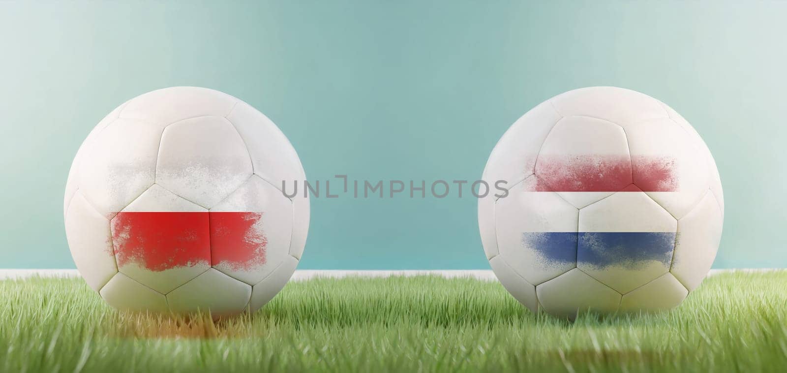Poland vs Netherlands football match infographic template for Euro 2024 matchday scoreline announcement. Two soccer balls with country flags placed against each other on the green grass with copy space