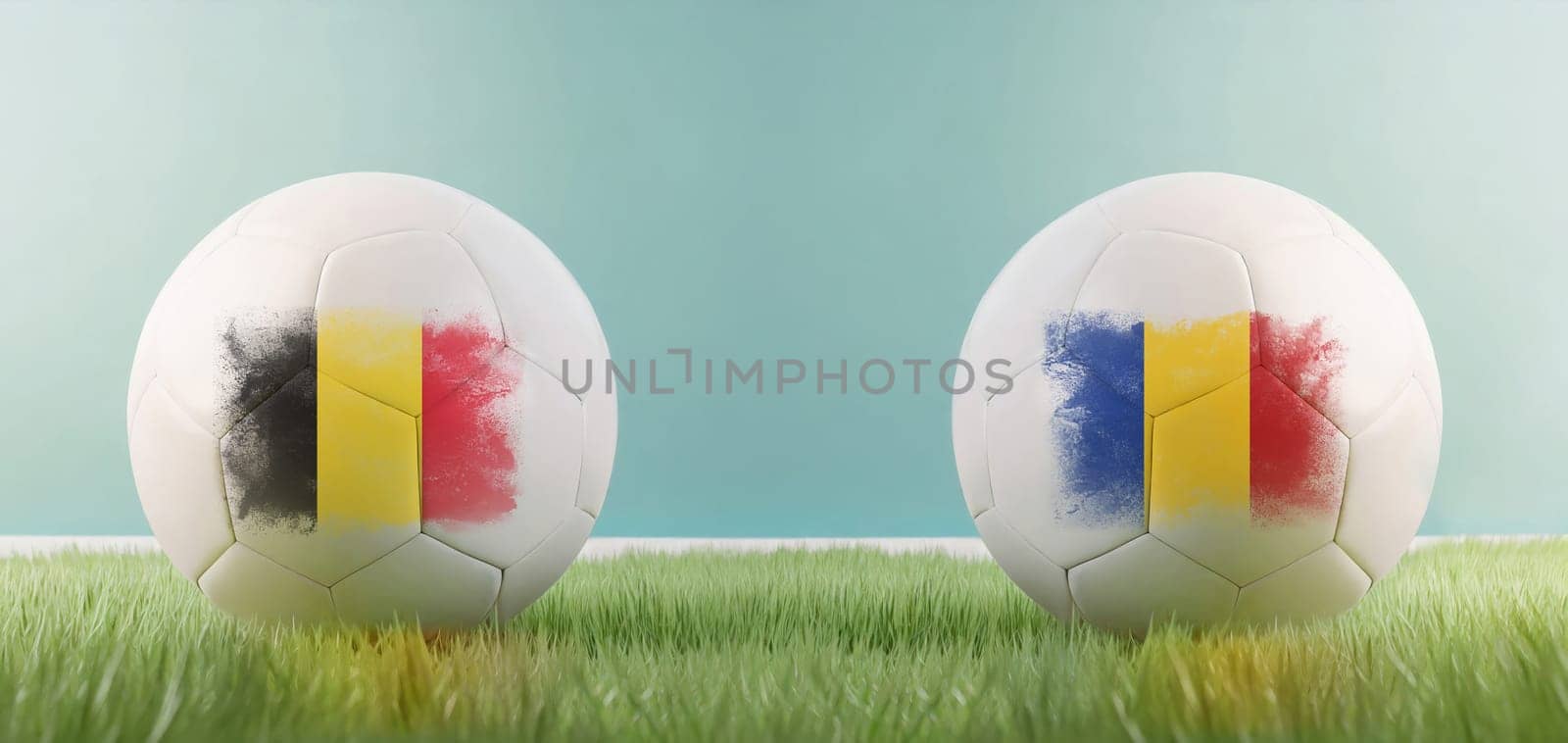 Belgium vs Romania football match infographic template for Euro 2024 matchday scoreline announcement. Two soccer balls with country flags placed against each other on the green grass with copy space