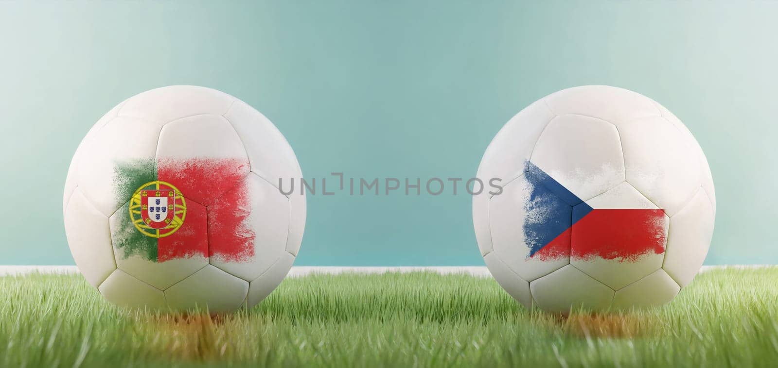 Portugal vs Czechia football match infographic template for Euro 2024 matchday scoreline announcement. Two soccer balls with country flags placed against each other on the green grass with copy space