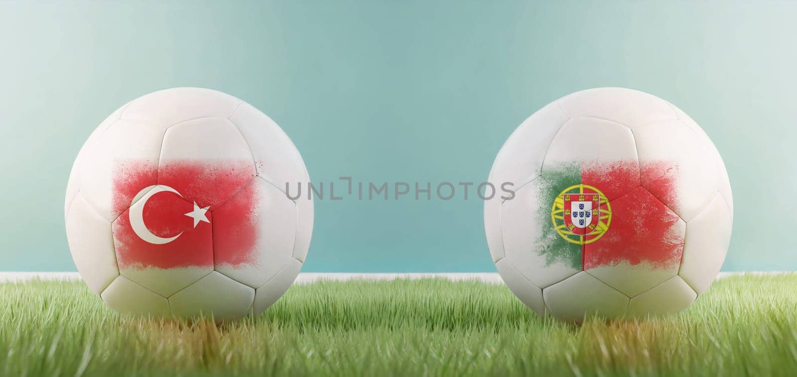 Türkiye vs Portugal football match infographic template for Euro 2024 matchday scoreline announcement. Two soccer balls with country flags placed against each other on the green grass with copy space