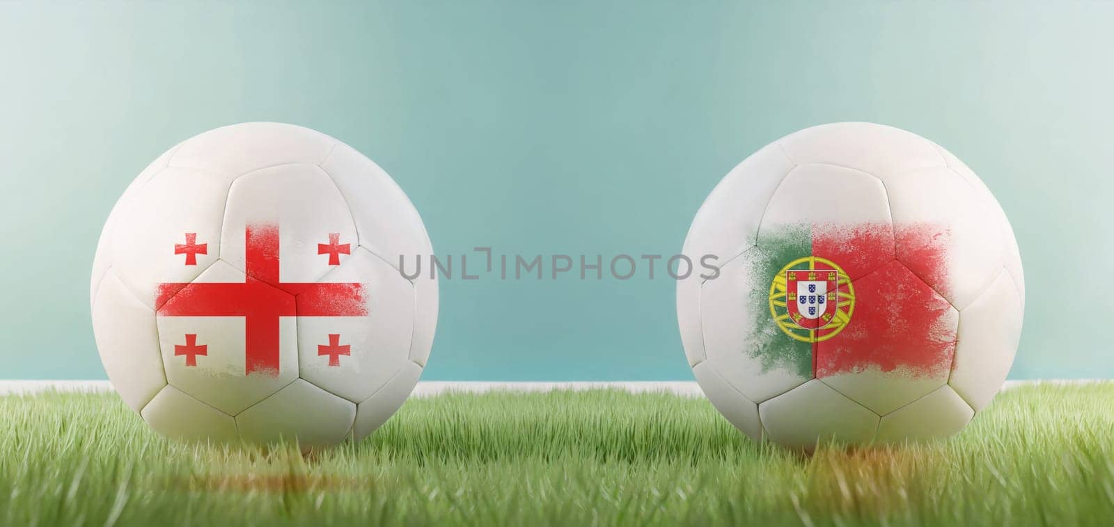 Georgia vs Portugal football match infographic template for Euro 2024 matchday scoreline announcement. Two soccer balls with country flags placed against each other on the green grass with copy space