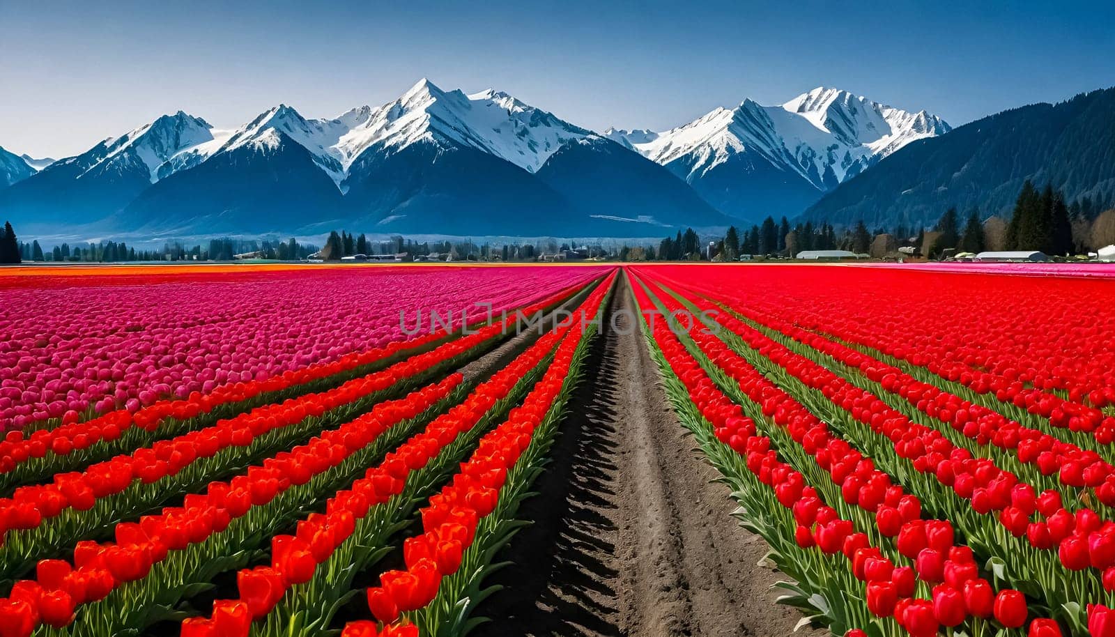 AI generated of field of blooming coloful tulips at Skagit Valley, Washiongton, USA