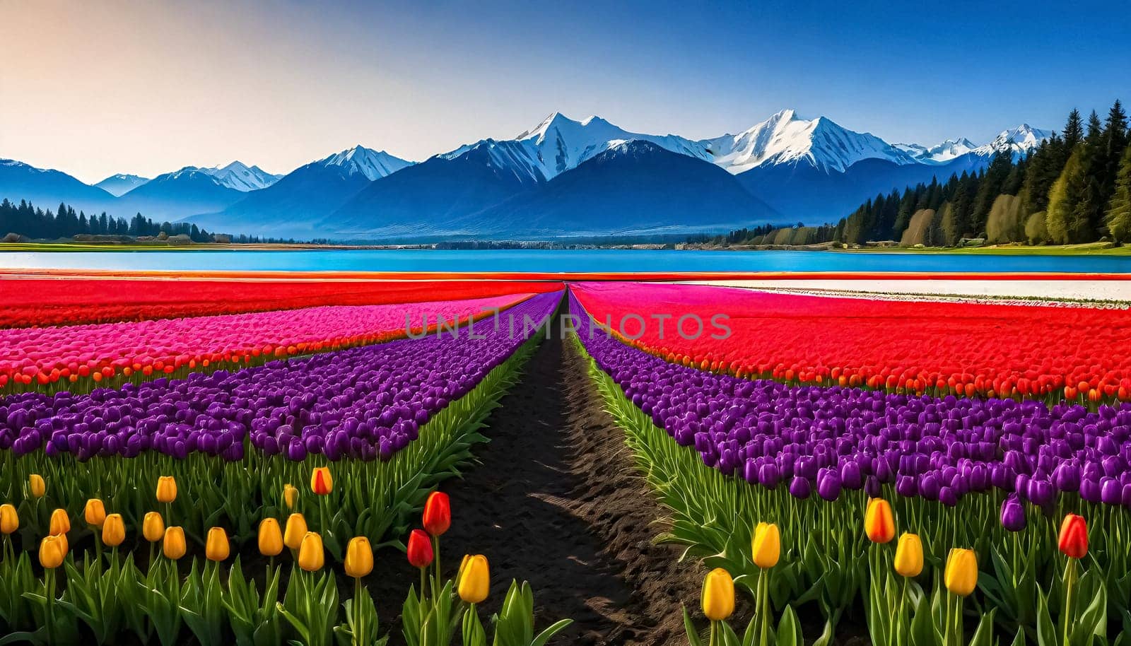 AI generated of field of blooming coloful tulips at Skagit Valley, Washiongton, USA