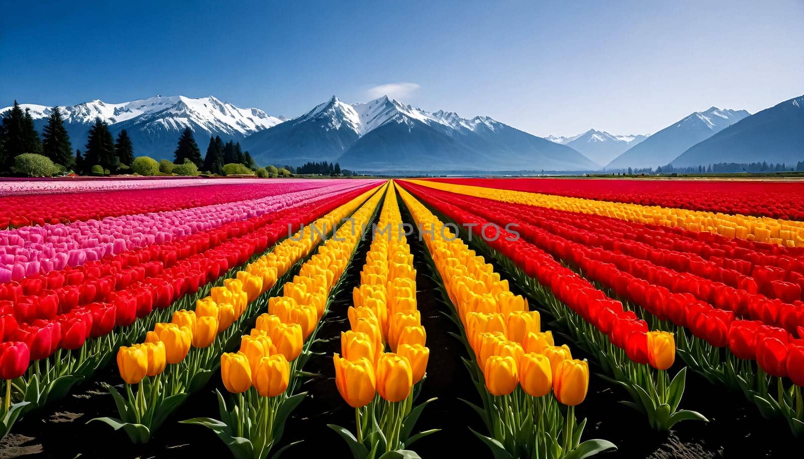 AI generated of field of blooming coloful tulips at Skagit Valley, Washiongton, USA