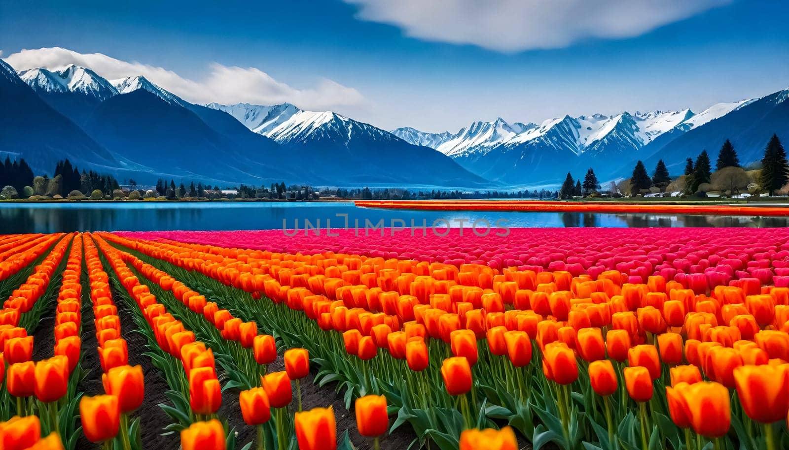 AI generated of field of blooming coloful tulips at Skagit Valley, Washiongton, USA