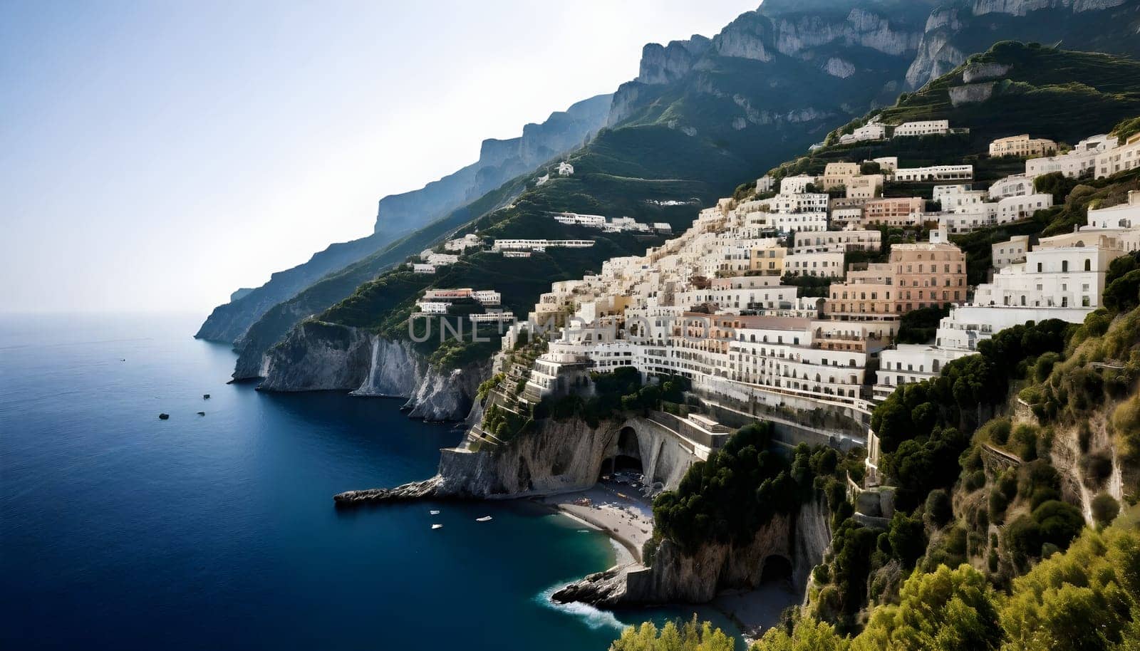 AI generated of view of Positano town at Amalfi coastline, Italy