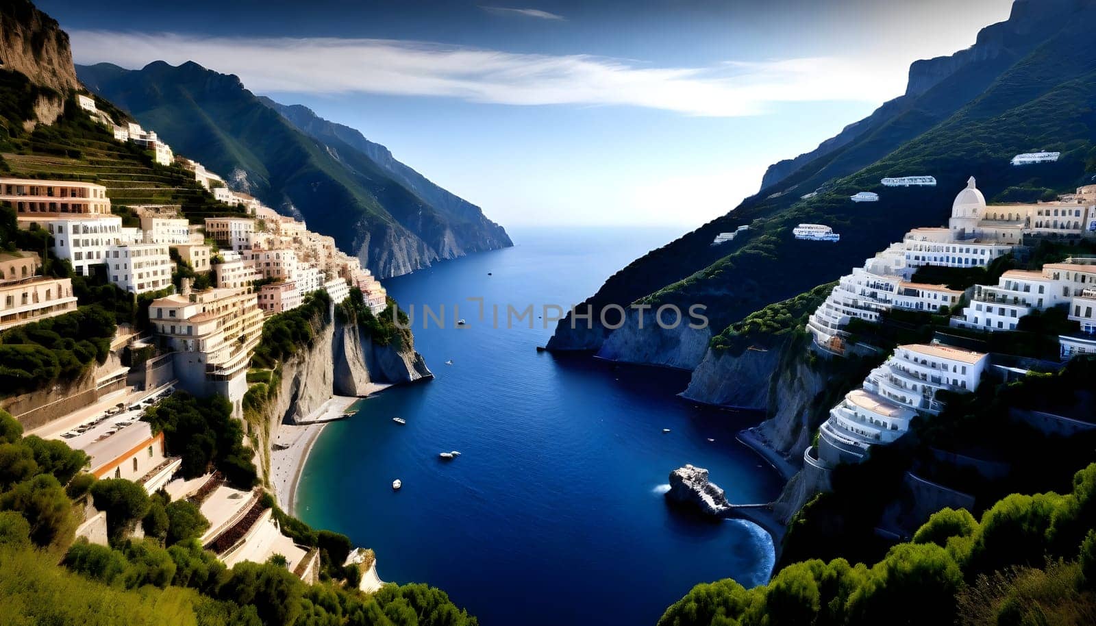 AI generated of view of Positano town at Amalfi coastline, Italy