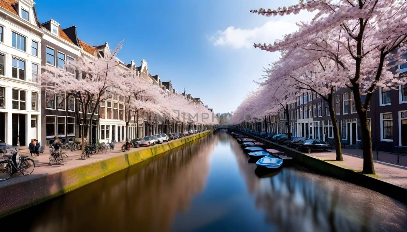 AI generated of a row of boats are lined up along a canal with boats on the water in Amsterdam, Netherlands