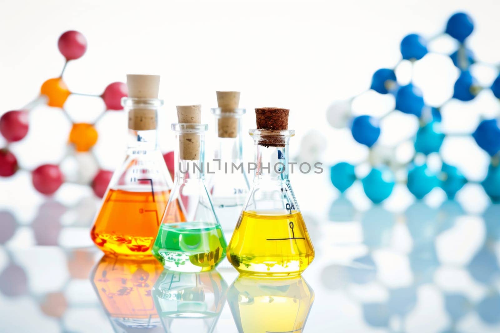 A collection of assorted glass bottles containing vibrant liquids in various colors, neatly arranged in rows on a wooden shelf. The bottles are filled to different levels, showcasing the diverse hues of the liquids inside.