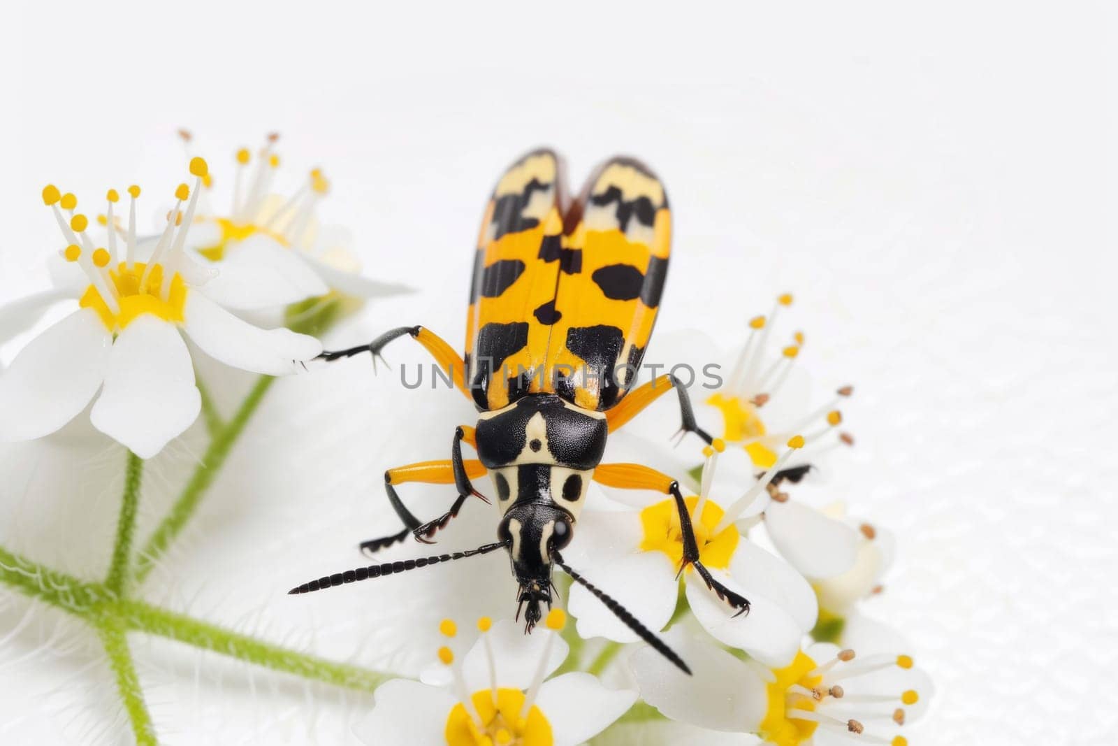 A close-up view of a bug perched on a vibrant flower, delicately consuming the nectar from its petals. The bugs intricate features and the flowers vivid colors create a striking contrast.