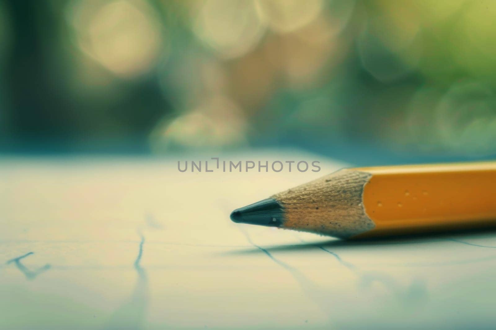 A bright yellow pencil is placed neatly on top of a wooden table. The pencil stands out against the smooth surface, creating a simple yet visually striking composition.
