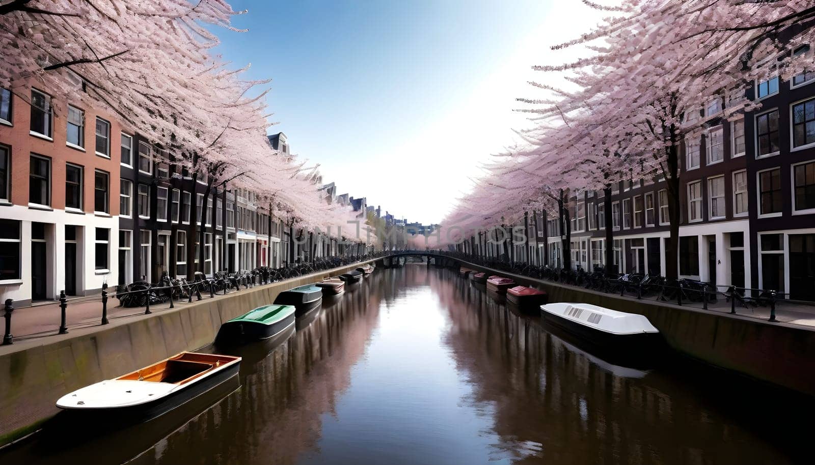 AI generated of a row of boats are lined up along a canal with boats on the water in Amsterdam, Netherlands