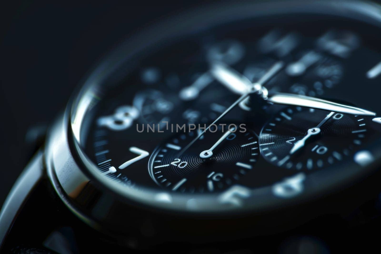 A detailed close-up shot of a watch placed on a sleek black surface. The watch face and intricacies of the timepiece are highlighted, reflecting light against the dark backdrop.