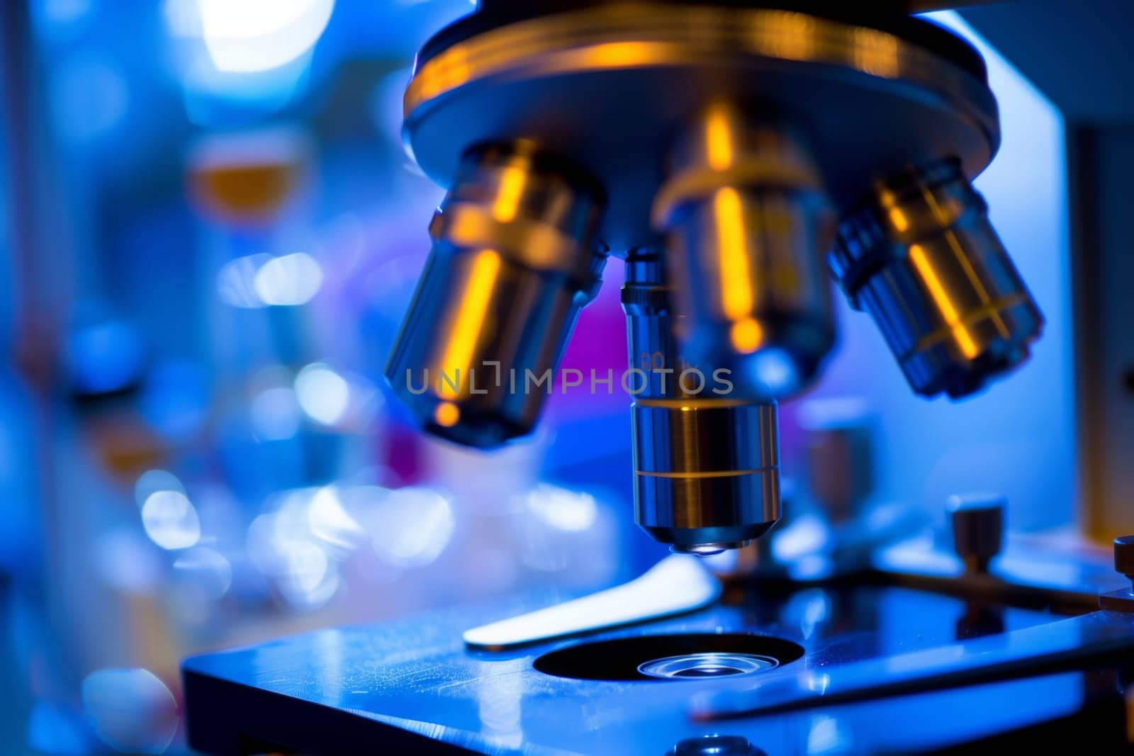 A close-up view of a modern microscope placed on a wooden laboratory table. The microscope is equipped with lenses, knobs, and illuminators, ready for scientific examination and research.