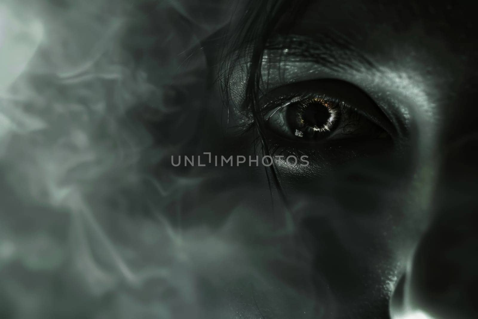 A close-up view of a persons face with swirling smoke in the background. The individuals features are highlighted, with the smoke adding a dynamic element to the composition.