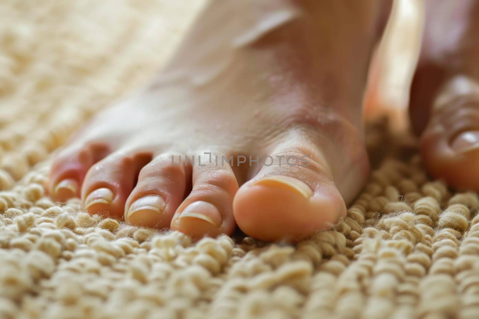 This close-up shot focuses on a persons bare feet placed on a soft, beige carpet. The texture of the carpet adds depth to the image, highlighting the toes and heels of the feet.