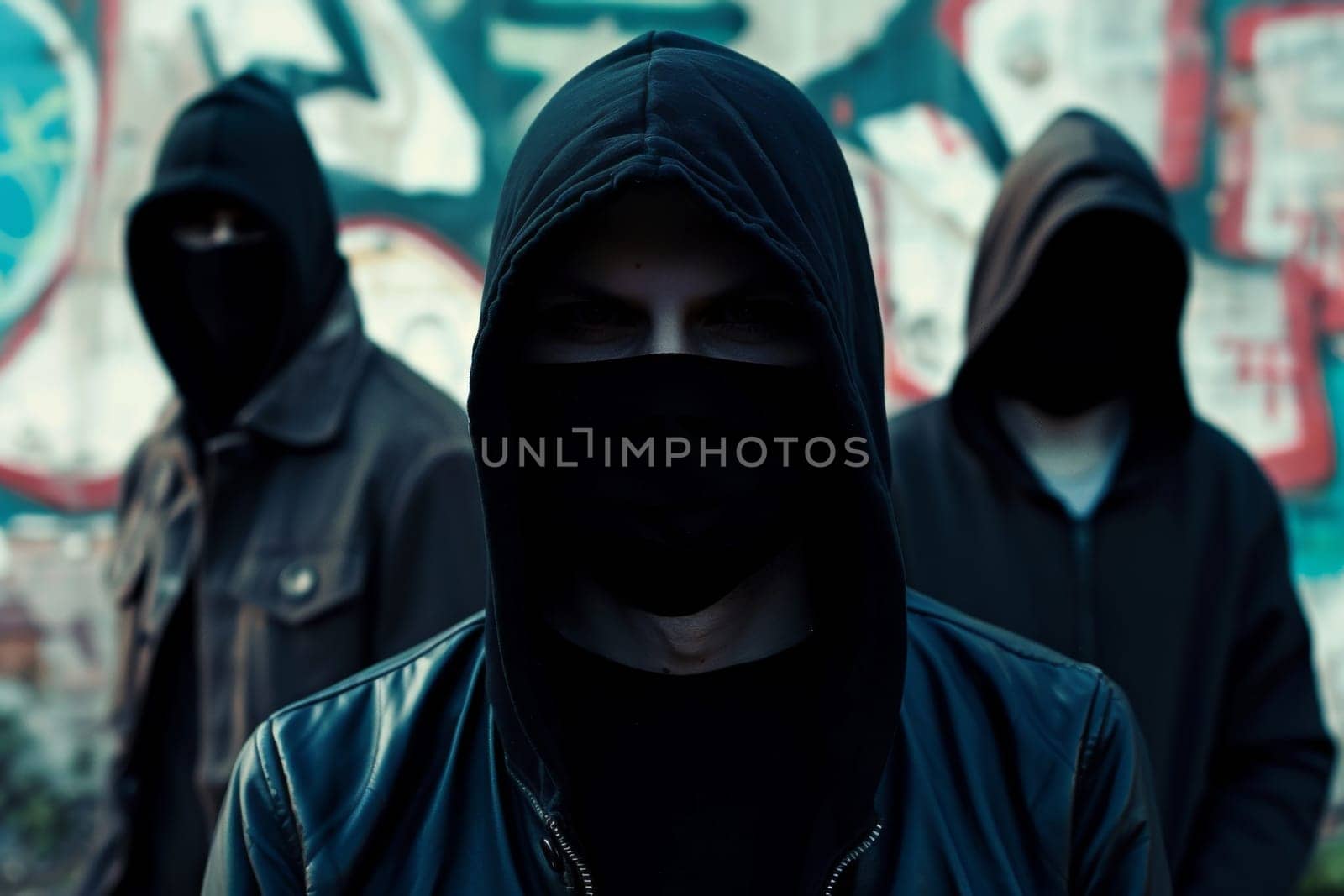 Several men wearing hooded clothing are standing in front of colorful graffiti on a wall. The men appear to be examining or posing in front of the graffiti.