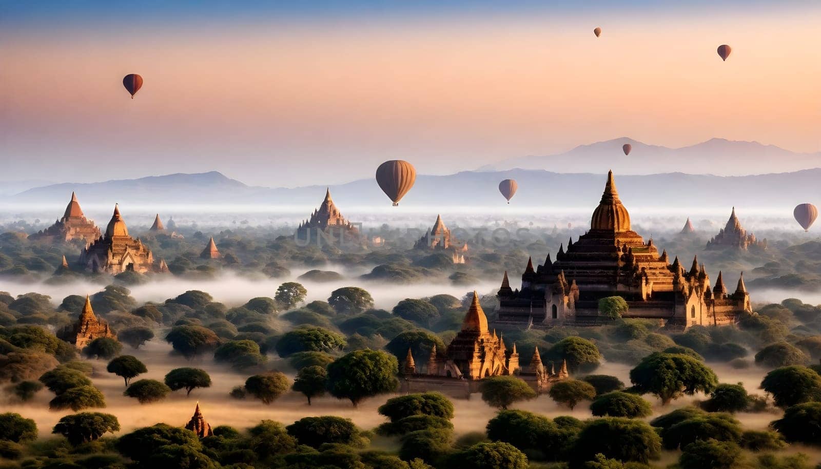 AI genrated of Bagan Temples in Myanmar with hot air balloons in the morning