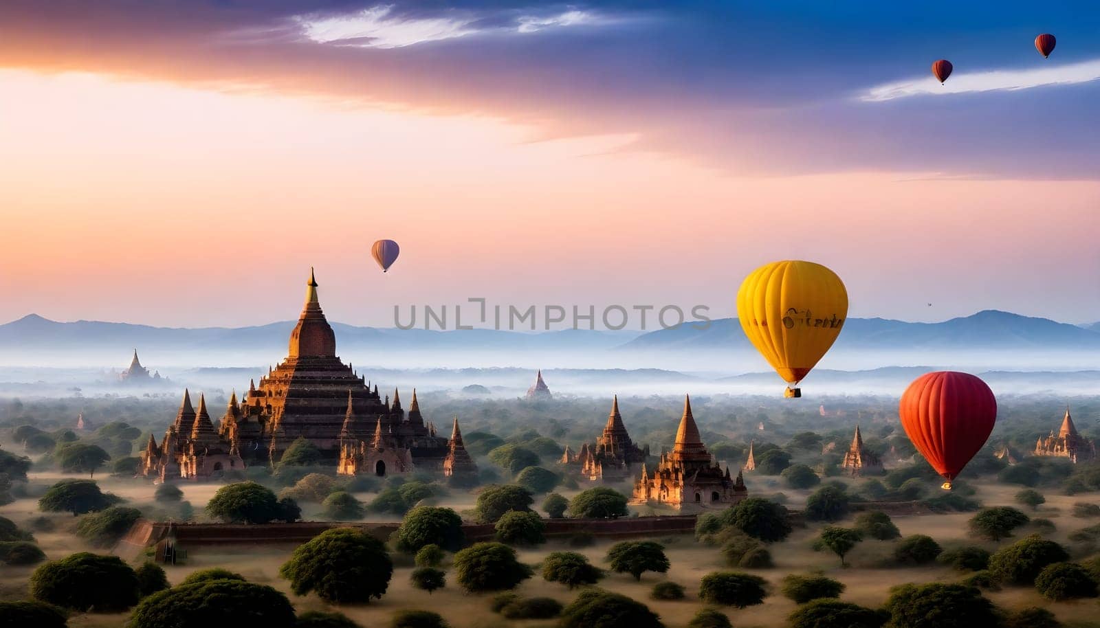 AI genrated of Bagan Temples in Myanmar with hot air balloons in the morning