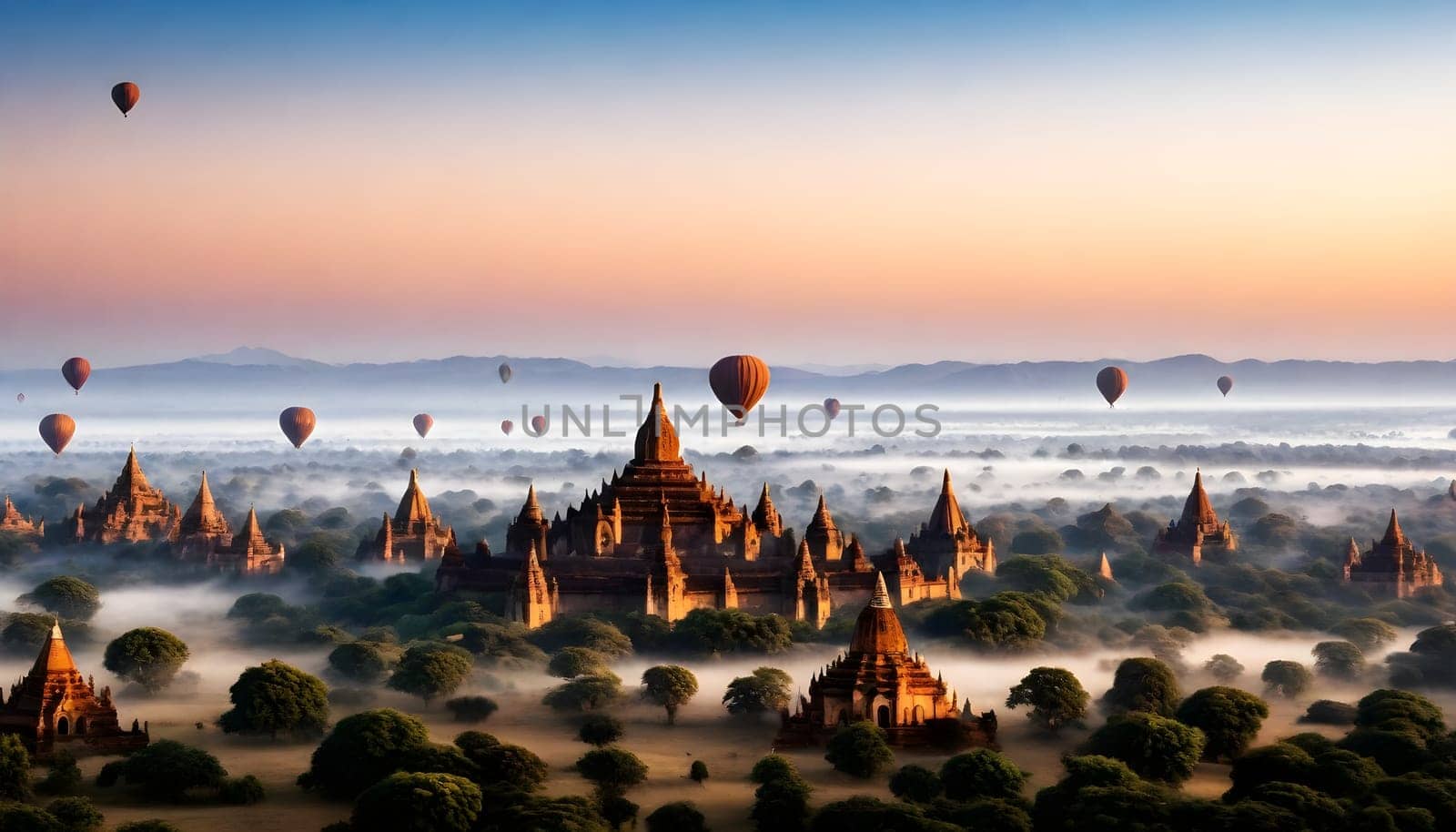 AI genrated of Bagan Temples in Myanmar with hot air balloons in the morning