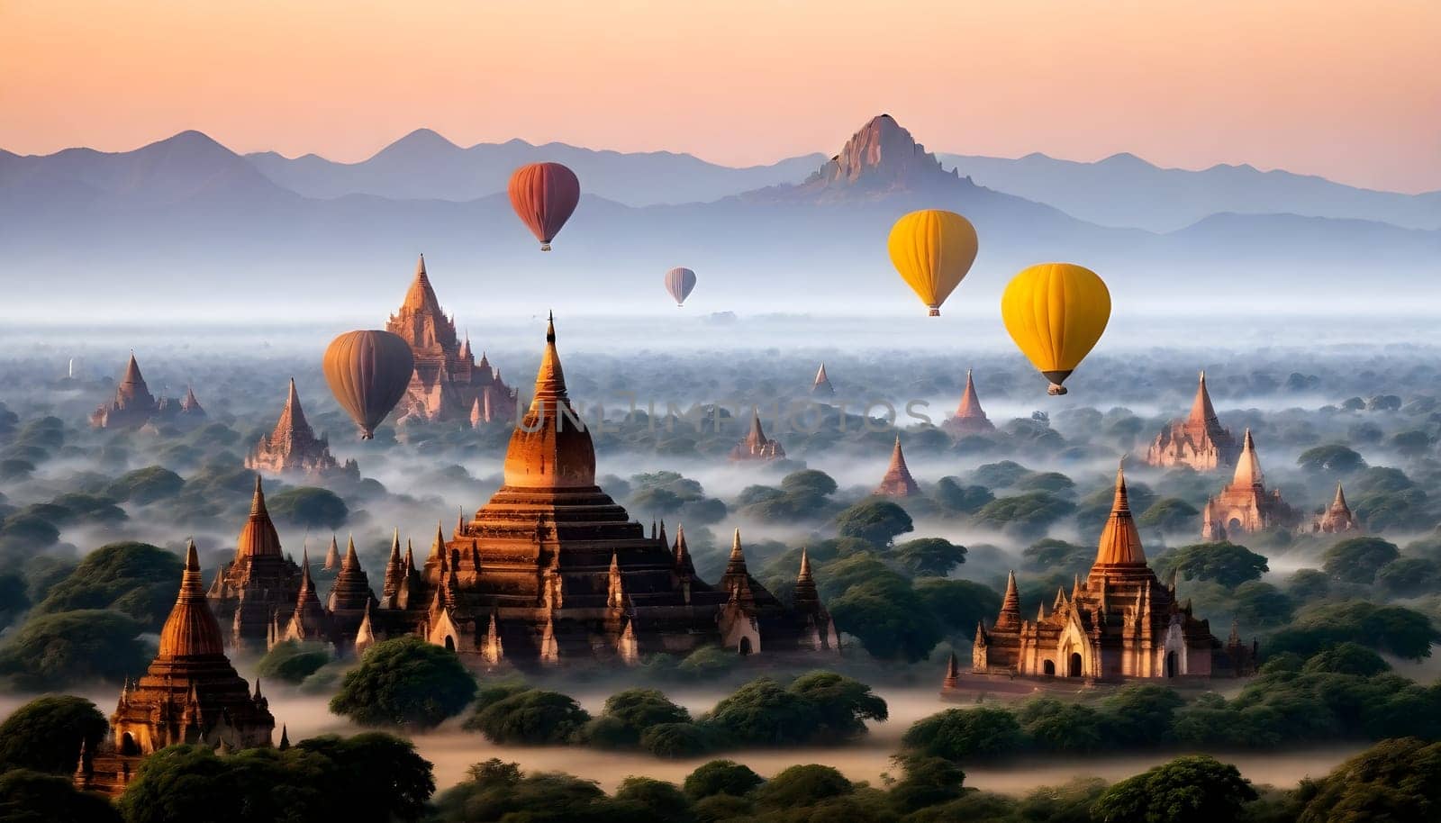AI genrated of Bagan Temples in Myanmar with hot air balloons in the morning