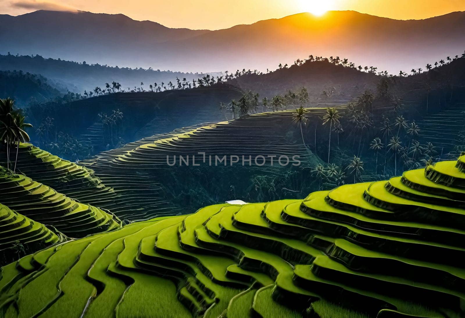 AI generated of the sun sets over rice terraces in Bali , Indonesia