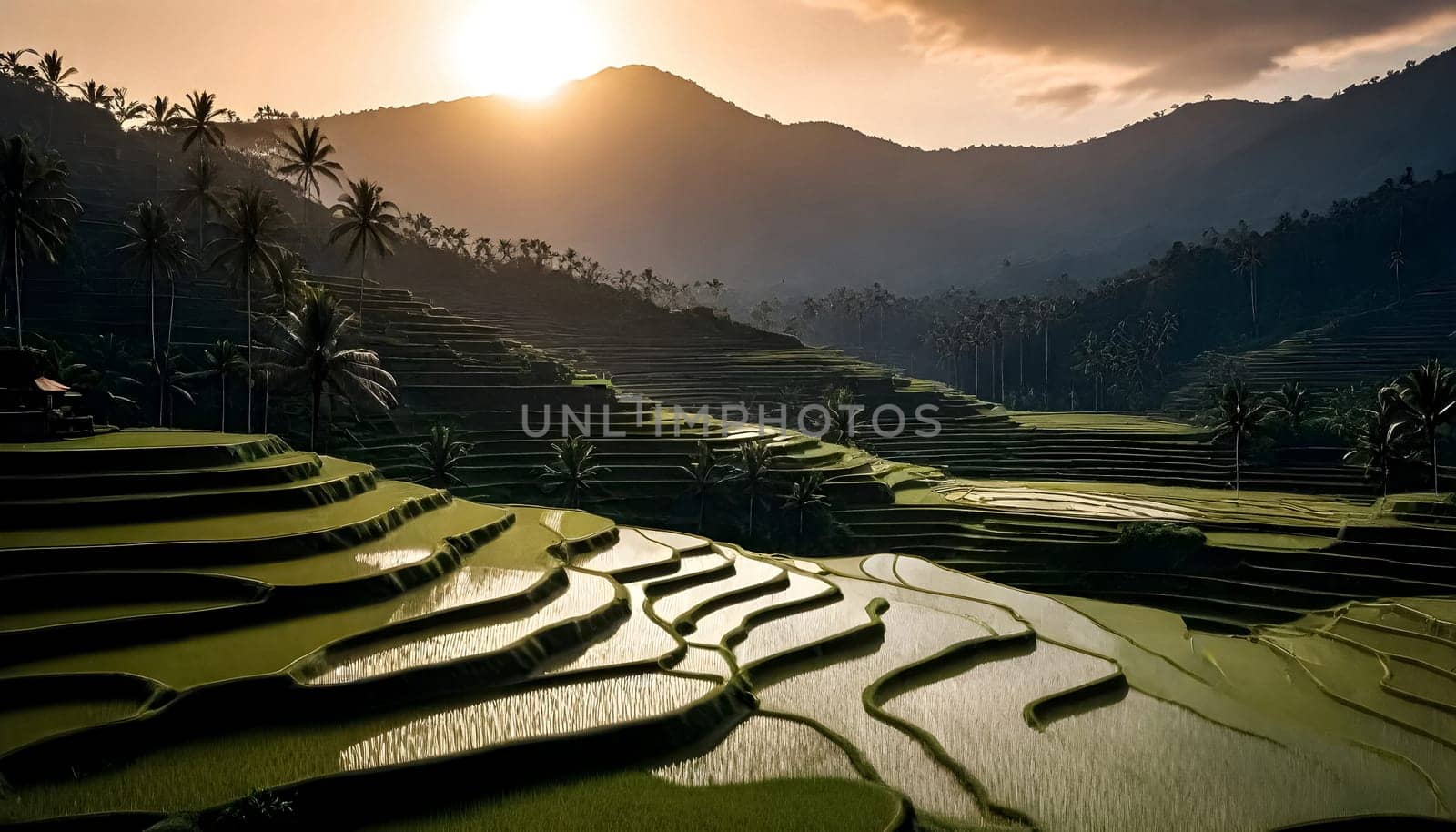 AI generated of the sun sets over rice terraces in Bali , Indonesia