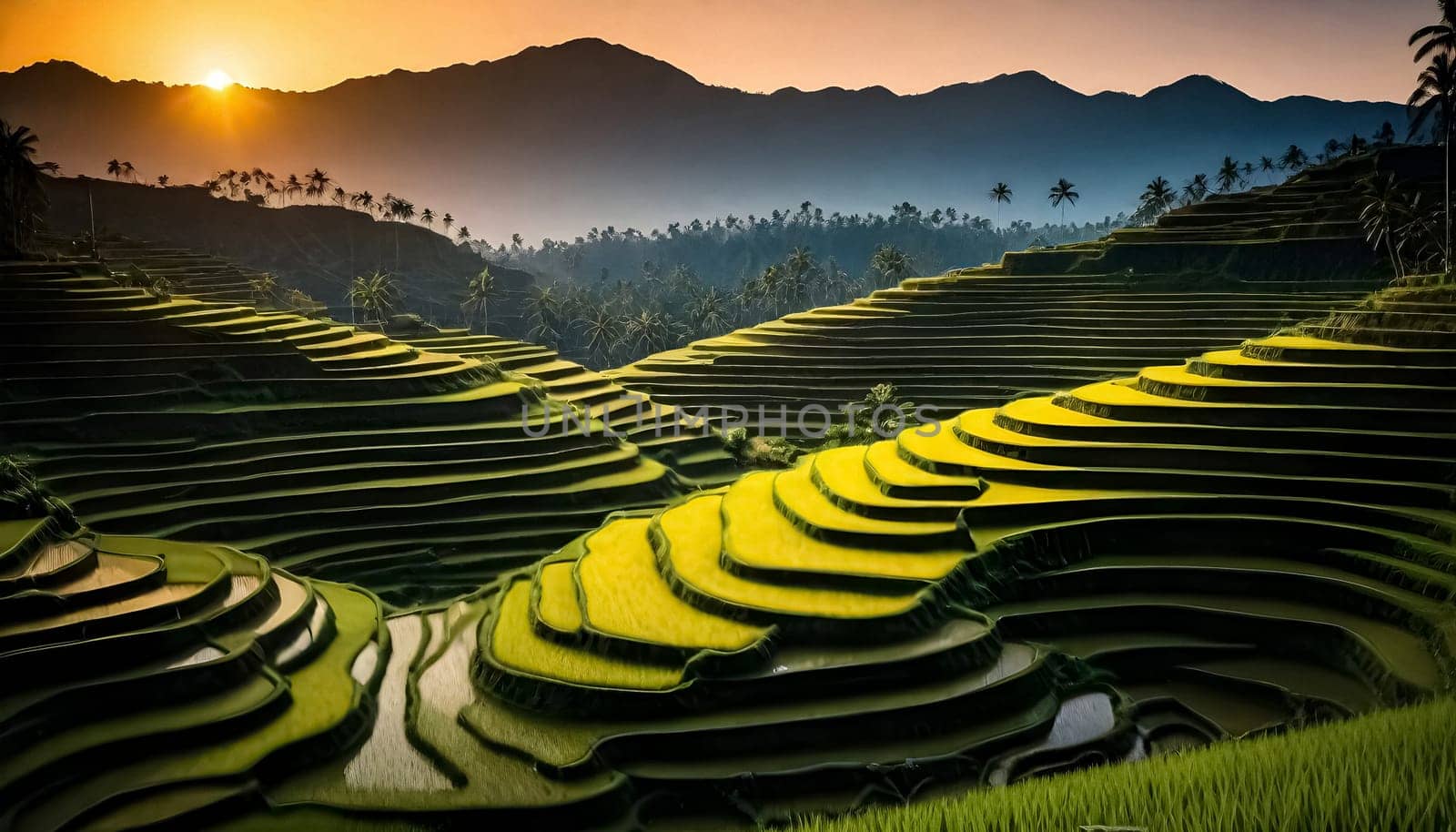AI generated of the sun sets over rice terraces in Bali , Indonesia