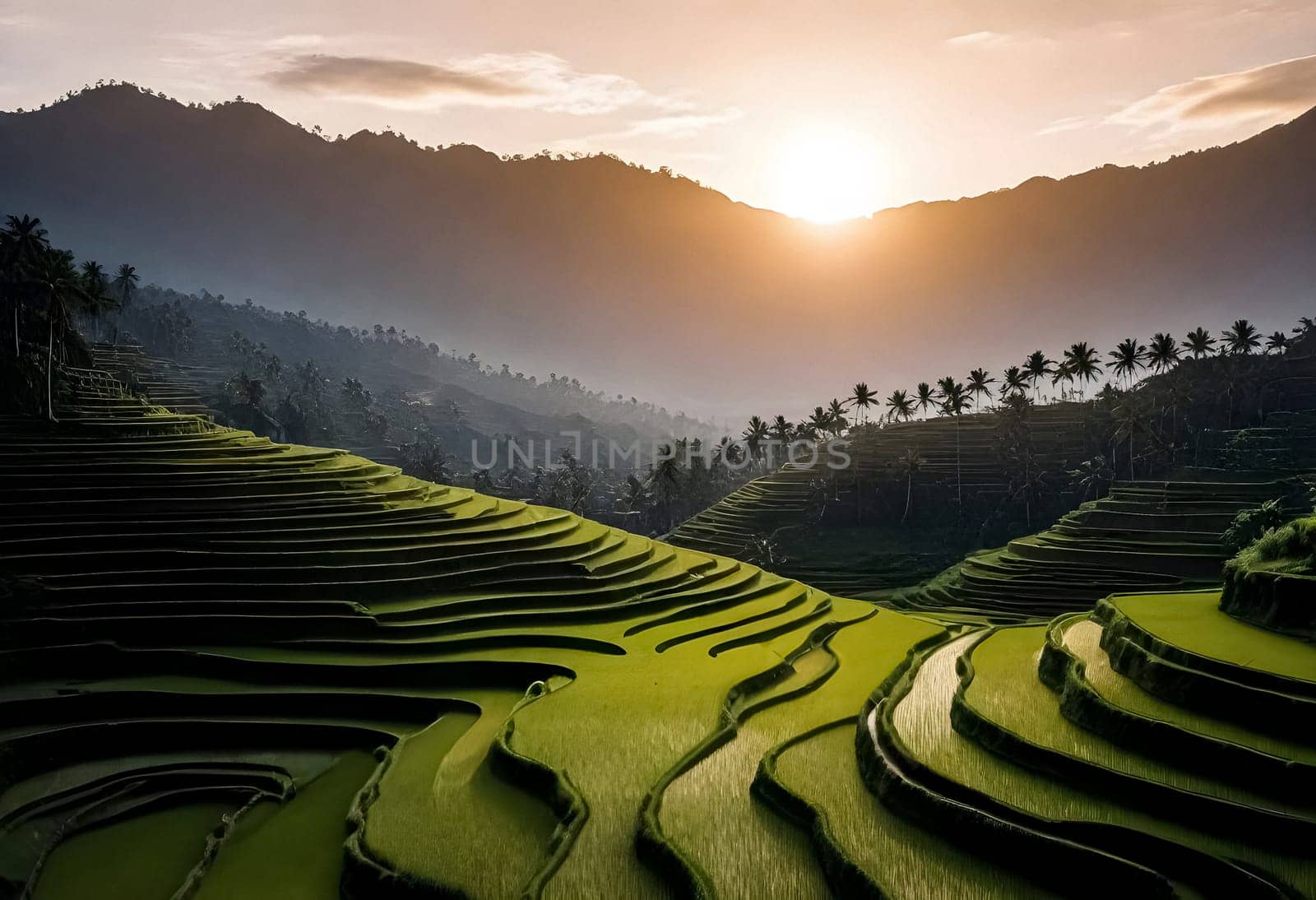 AI generated of the sun sets over rice terraces in Bali , Indonesia